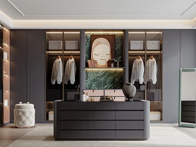 Modern Walk-in Closet Interior Design With Dark Cabinets Hanging Clothes Decorative Painting And Organized Storage Solutions 3d model