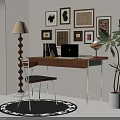 Modern Desk and Chair Set with Laptop Table Lamp Framed Artworks Floor Plant and Rug