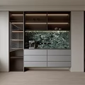 Elegant Modern Sideboard with Glass Door Shelves Gray Drawers and Green Marble Backdrop