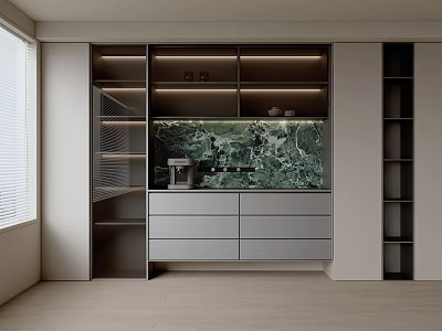 Elegant Modern Sideboard with Glass Door Shelves Gray Drawers and Green Marble Backdrop 3d model