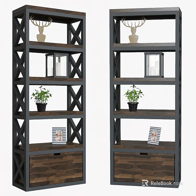 Modern Wood And Metal Storage Shelf With Multiple Layers Drawers And Decorative Plants 3d model 