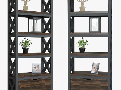 Modern Wood And Metal Storage Shelf With Multiple Layers Drawers And Decorative Plants 3d model