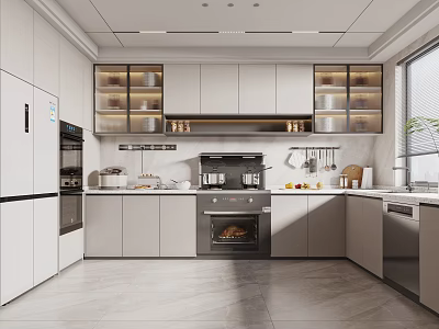 Modern Kitchen Interior With White Cabinets Built-in Appliances Lit Upper Cabinets And Window View 3d model