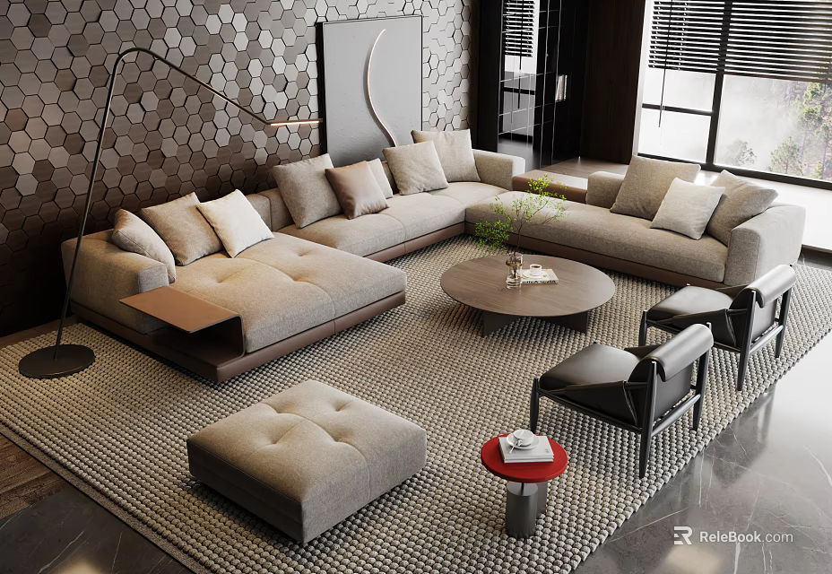 Modern L Shaped Beige Sofa With Cushions Round Wooden Coffee Table Green Plant Black Armchairs 3d model 