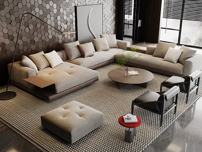 Modern L Shaped Beige Sofa With Cushions Round Wooden Coffee Table Green Plant Black Armchairs 3d model