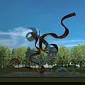 Modern Metal Sculpture With Curved Orange Silver Elements Surrounded By Trees Grass And Water Pool