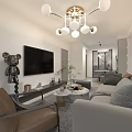 Modern Living And Dining Room Interior With Gray Sofa Chandelier Artwork And TV Wall
