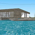 Wooden Waterfront House with Glass Windows Trees and Clear Water Reflection