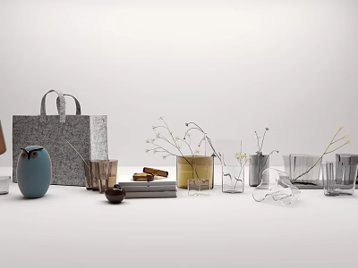 Stylish Decorative Ornament Set with Handbag Vase Mugs Planter Dried Flowers Glassware and Books 3d model