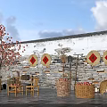 Courtyard Garden With Red Fruit Tree White Wall Round Red Decorations And Wooden Furniture