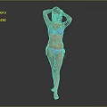 Woman in Blue Bikini Standing with Hands on Head Against Gray Background