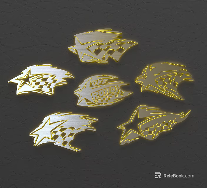 Golden Wall Decor with Star Shapes and Geometric Patterns Six Pieces on Dark Background 3d model 