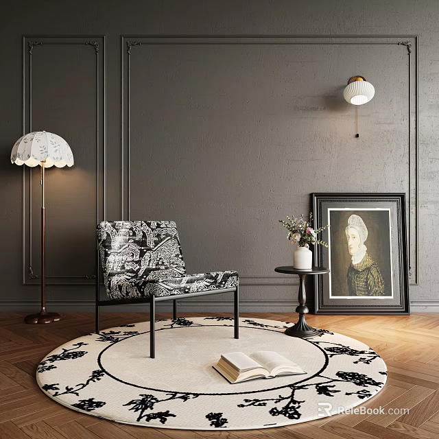 Cozy Accent Chair On Round Rug With Open Book Side Table Flowers And Floor Lamp 3d model 