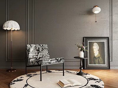 Cozy Accent Chair On Round Rug With Open Book Side Table Flowers And Floor Lamp 3d model