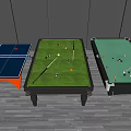 Sports Equipment Including Ping Pong Table and Billiard Tables with Green Surfaces Balls and Cues