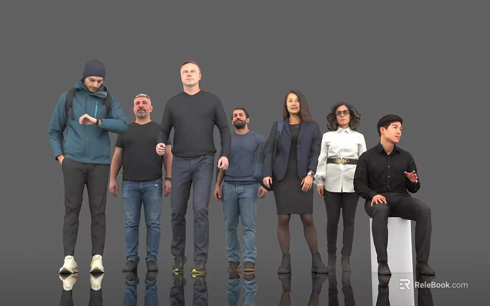 Group of Diverse People Standing and Sitting With Reflective Floor in Gray Background 3d model 