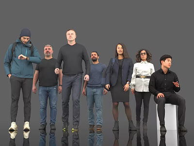 Group of Diverse People Standing and Sitting With Reflective Floor in Gray Background 3d model