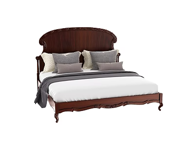Classic Wooden Double Bed With Carved Headboard Gray Pillows And White Bedding 3d model