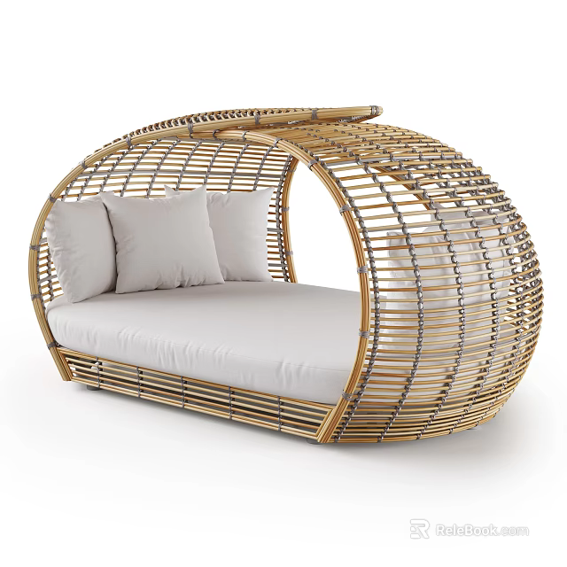 Woven Rattan Double Bed with Curved Frame and White Cushions and Pillows 3d model 