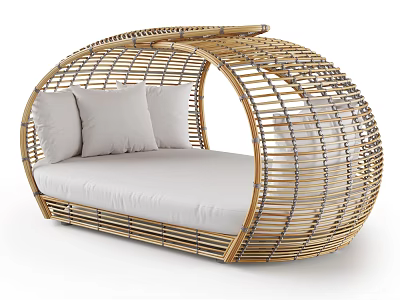 Woven Rattan Double Bed with Curved Frame and White Cushions and Pillows 3d model