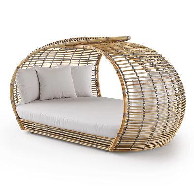 Woven Rattan Double Bed with Curved Frame and White Cushions and Pillows 3d model