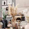 Elegant Decorative Ornament Set With Vases Dried Pampas Grass Sculptures Books And Candle Holders