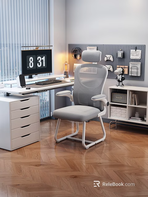 Gray Mesh Back Office Chair With White Frame And Armrests In Modern Home Office Setup 3d model 