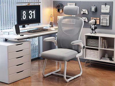 Gray Mesh Back Office Chair With White Frame And Armrests In Modern Home Office Setup 3d model