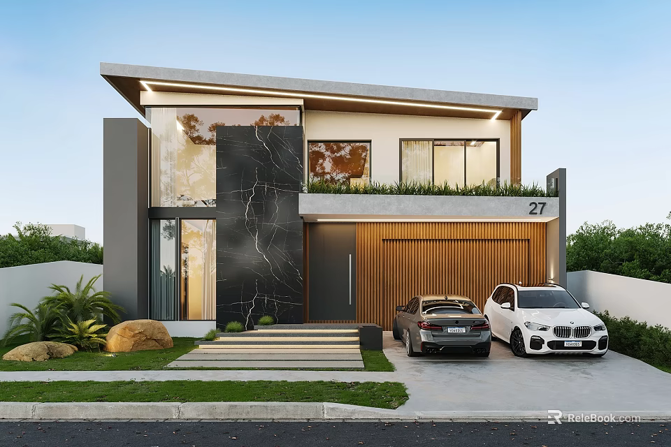 Modern Detached Villa Exterior With Marble Wall Wooden Garage Door Steps Cars Greenery And Lawn 3d model 