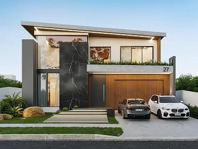 Modern Detached Villa Exterior With Marble Wall Wooden Garage Door Steps Cars Greenery And Lawn 3d model