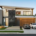 Modern Detached Villa Exterior With Marble Wall Wooden Garage Door Steps Cars Greenery And Lawn
