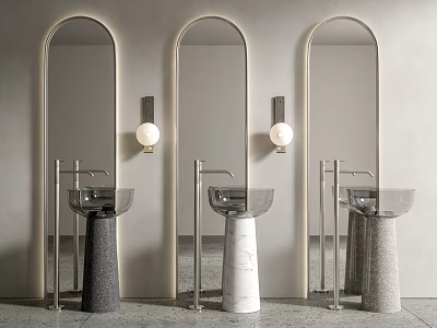 Modern Bathroom Washbasins With Arched Mirrors Round Spherical Lights And Stone Pedestals 3d model