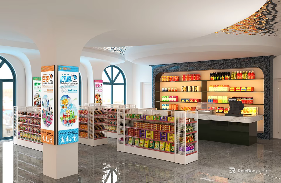 Supermarket Department Store Interior With Shelves Various Products Promotion Billboard And Checkout 3d model 