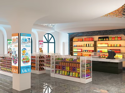 Supermarket Department Store Interior With Shelves Various Products Promotion Billboard And Checkout 3d model