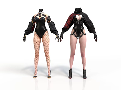 Women Fashion Outfits Featuring Black Bodysuit Fishnet Stockings Red Cape And High Heels 3d model