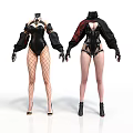 Women Fashion Outfits Featuring Black Bodysuit Fishnet Stockings Red Cape And High Heels