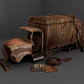 Old Vintage Rusty Garbage Truck With Scattered Parts And Worn Details