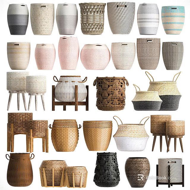 Storage Baskets With Various Woven Styles Different Colors And Leg Designs 3d model