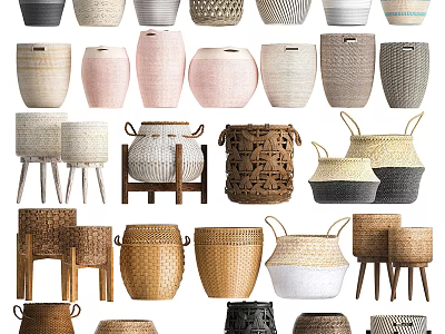 Storage Baskets With Various Woven Styles Different Colors And Leg Designs 3d model