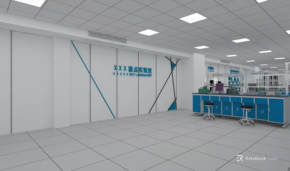 Modern Laboratory Interior With White Walls Blue Lines Blue Benches And White Tiled Floor 3d model 
