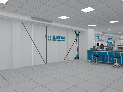 Modern Laboratory Interior With White Walls Blue Lines Blue Benches And White Tiled Floor 3d model
