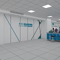 Modern Laboratory Interior With White Walls Blue Lines Blue Benches And White Tiled Floor