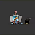 Pink Hat Figure By Open Refrigerator With Orange Flame And Blue Dinosaur Near Ice Cubes