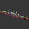 Detailed Military Battleship Model With Gray Hull Red Bottom Turrets And Antennas