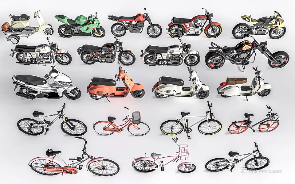 Collection of Various Vintage Modern and Classic Motorcycles in Different Colors and Styles 3d model 