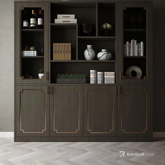 Elegant Wooden Bookcase with Multiple Compartments Books Vases and Decorative Items 3d model 