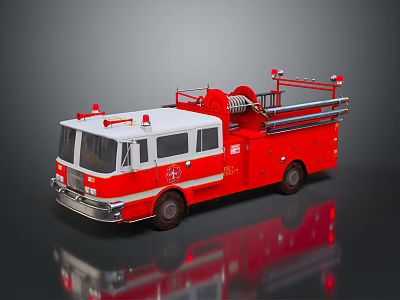 Red and White Fire Truck with Ladder Emergency Lights and Firefighting Equipment 3d model