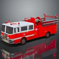 Red and White Fire Truck with Ladder Emergency Lights and Firefighting Equipment