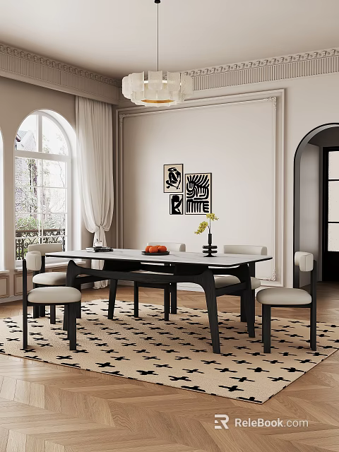 Modern Restaurant Interior With Dining Table Chairs Chandelier And Decorative Art 3d model 