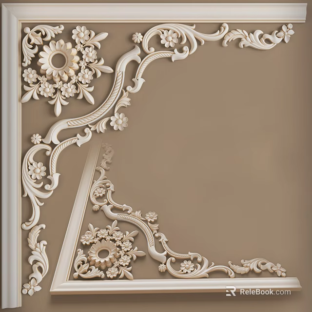 Intricate White Carved Floral Patterns With Scrollwork On Beige Wall Decor 3d model